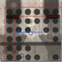BGA錫球尺寸小于0.4mm，采用降低BGA內圍襲球的錫膏量所得到X-Ray，稍微留意一下可以發現最外圈的錫量(圓的直徑)比其他內圍的錫球上的錫量來得多一點點。也就是外圈的黑色圓形直徑比內圈的圓形來得大一點點。