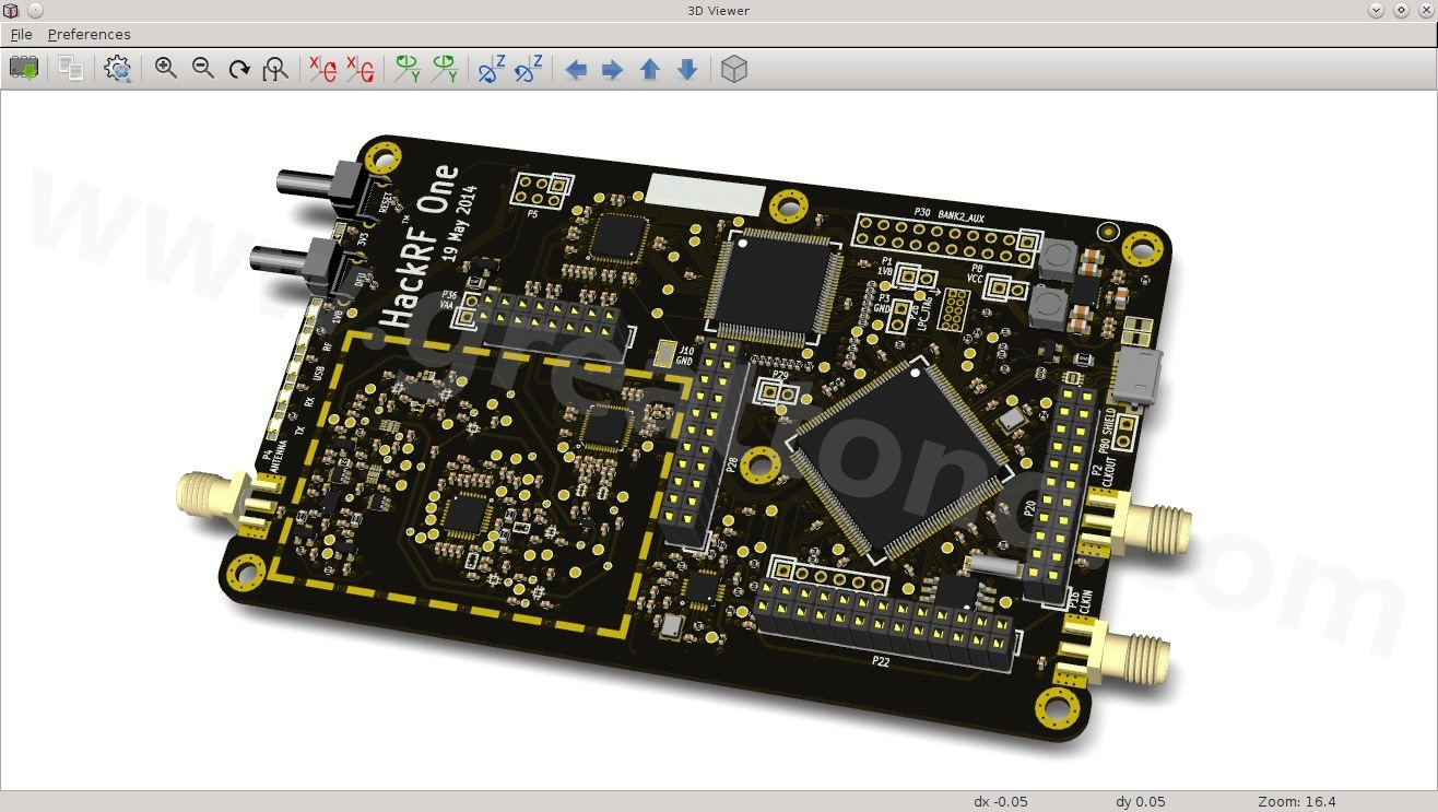 經KiCad軟體3D功能渲染過的HackRF One電路板。