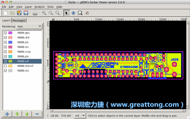 將圖層匯入你的Gerber預覽工具內(nèi)（下圖為Gerbv），我通常會從上到下重新排列它們的順序，好讓我比較好校對：