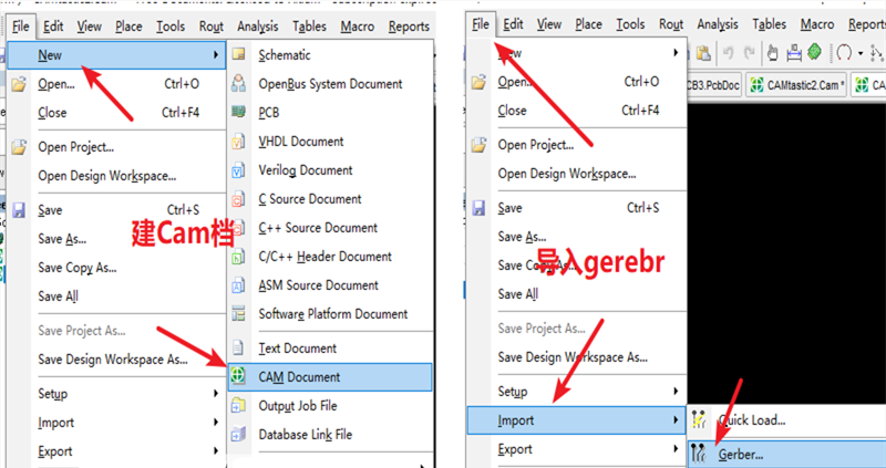 在File下新建 Cam檔，建后再File下導(dǎo)入Gerber文件，選擇所有文件導(dǎo)入gerber。